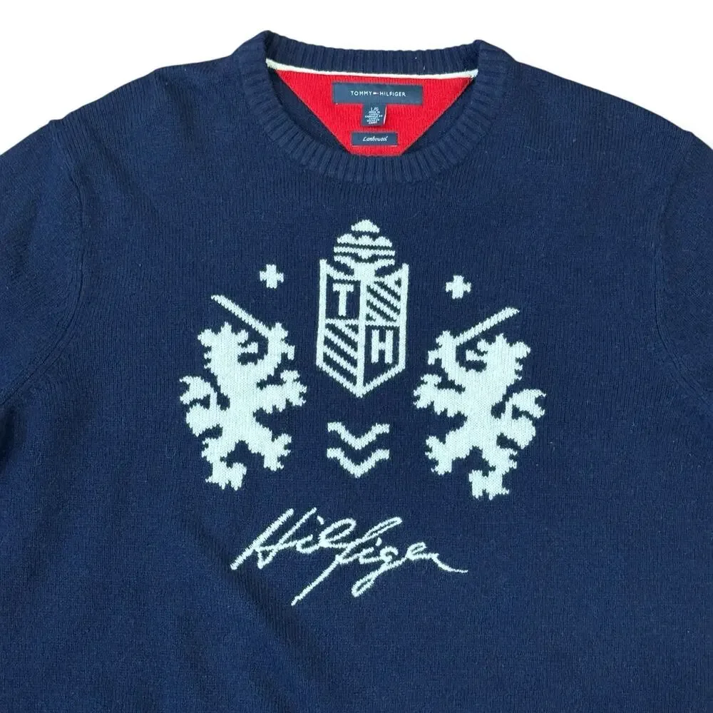 Tommy Hilfiger Men’s Size L Blue Lion Crest Crewneck Sweater - 100% Lambs Wool
